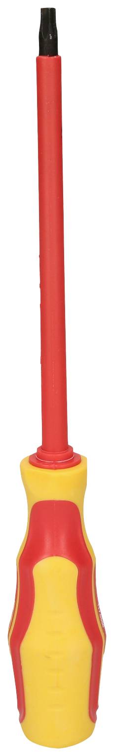 Insulated screwdriver with a red handle and yellow rubber grip, suitable for work on electrical equipment.