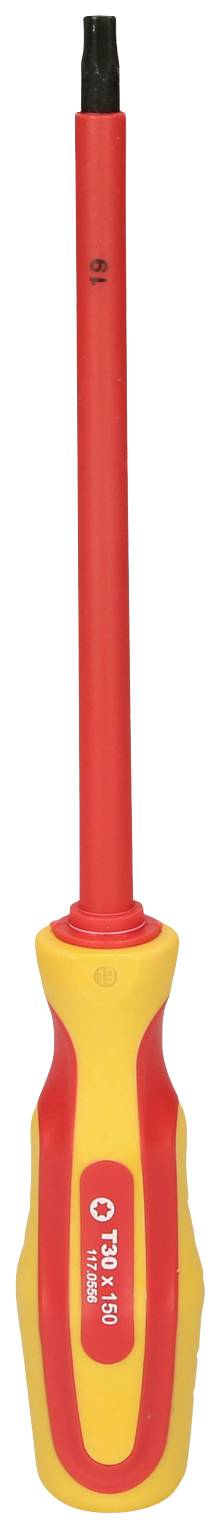 A yellow and red screwdriver with an insulated handle, suitable for work on electrical devices.