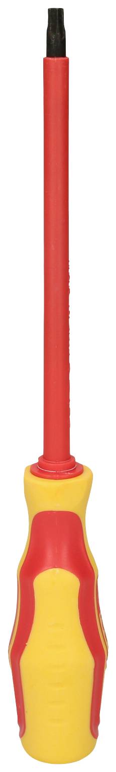 Screwdriver with a red handle and yellow pattern, long shaft with a black tip, isolated on a white background.