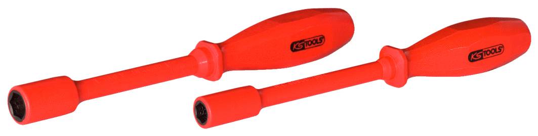 Two red screwdrivers with hexagonal heads, suitable for specialised screws, on a white background.