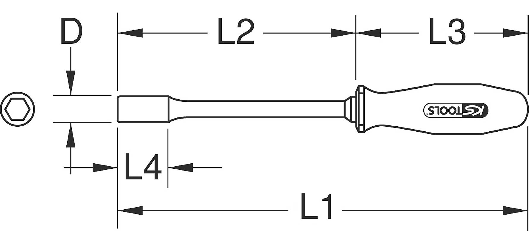 Technical drawing of a screwdriver with dimensions: L1, L2, L3, L4, D. Screwdriver with hexagonal tip and handle.