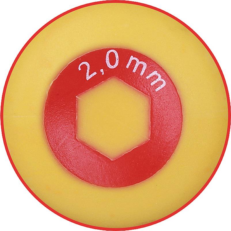 Yellow round disc with a red hexagon in the centre and the inscription '2.0 mm'.