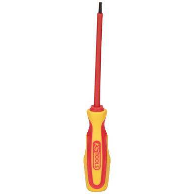 Screwdriver with an insulated, red and yellow handle and a narrow black tip; suitable for electrical tools.