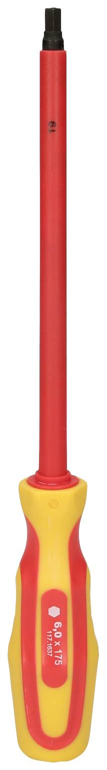 'A red and yellow screwdriver with an insulated handle and black tip for electrical work.'<br><br>Note: The translation maintains the original description's technical specificity while using natural British English phrasing.