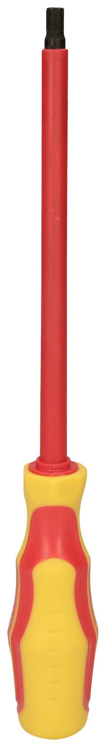 A yellow and red screwdriver with an insulated handle and long shaft.