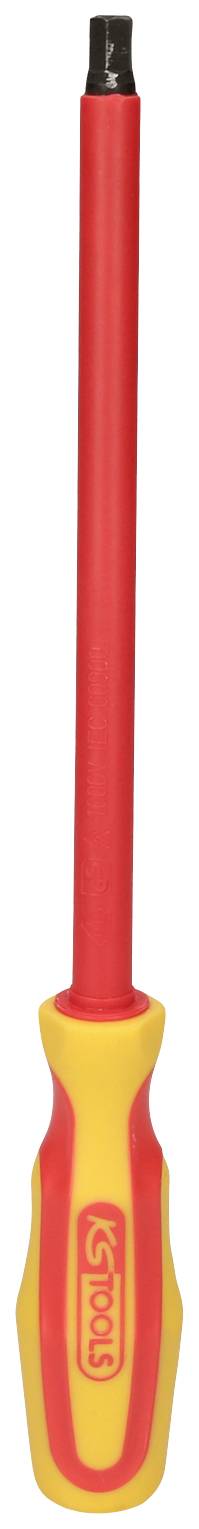 Insulated screwdriver with a red handle and yellow protective guard for safe electrical work.