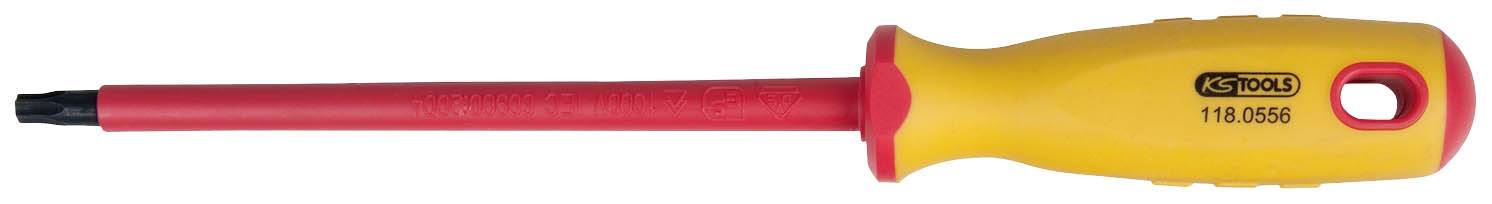 An insulated screwdriver with a red shaft and yellow handle, suitable for work on electrical devices.