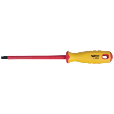 An insulated screwdriver with a red shaft and yellow handle, suitable for work on electrical devices.