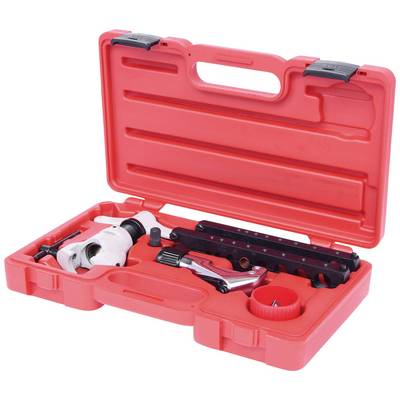 Red plastic toolcase with open lid, containing drill and accessory parts.