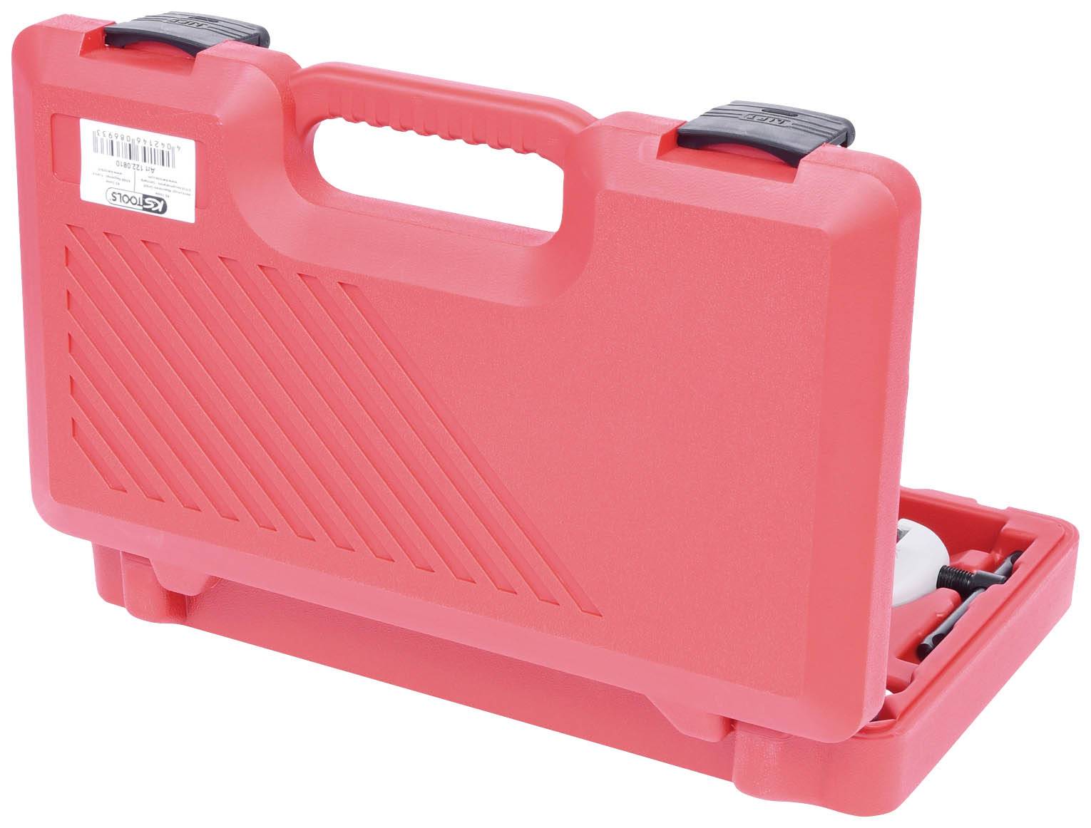 Red plastic toolbox with carry handle; slightly open, not fully revealing contents. Suitable for tool storage.