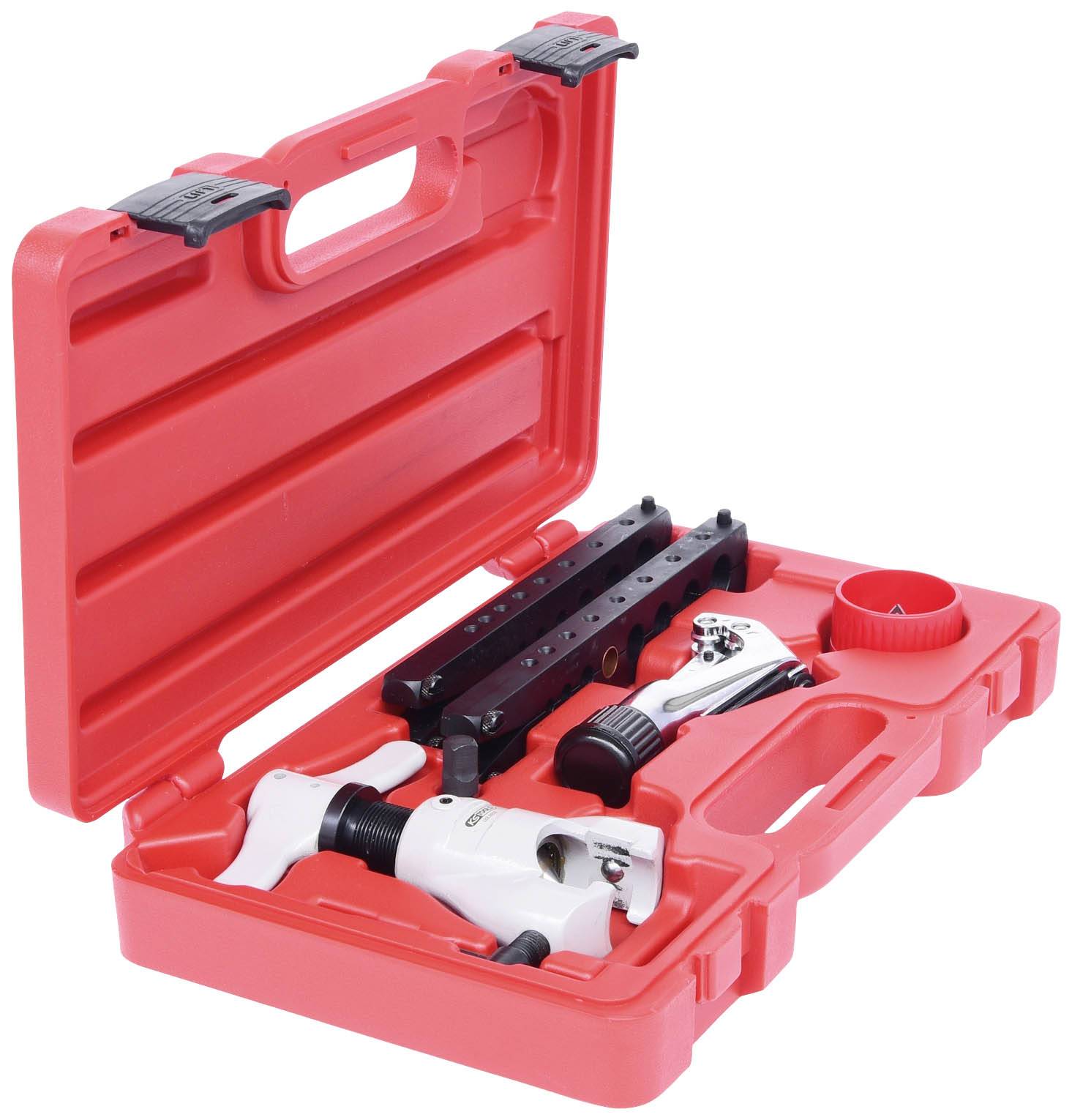 A red toolbox contains a pipe cutting set with cutters and holders, suitable for precise pipe cutting.