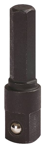 A hexagonal socket adaptor with a black coating and a silver ball bearing pin, used in workshops.