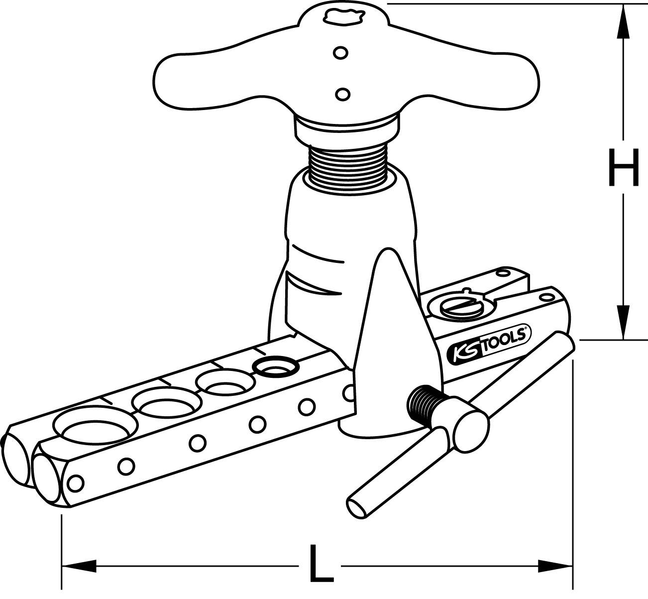 Tube Flanging Tool Drawing: Tool with multiple hole sizes for pipe processing, side view, dimensions H and L indicated.