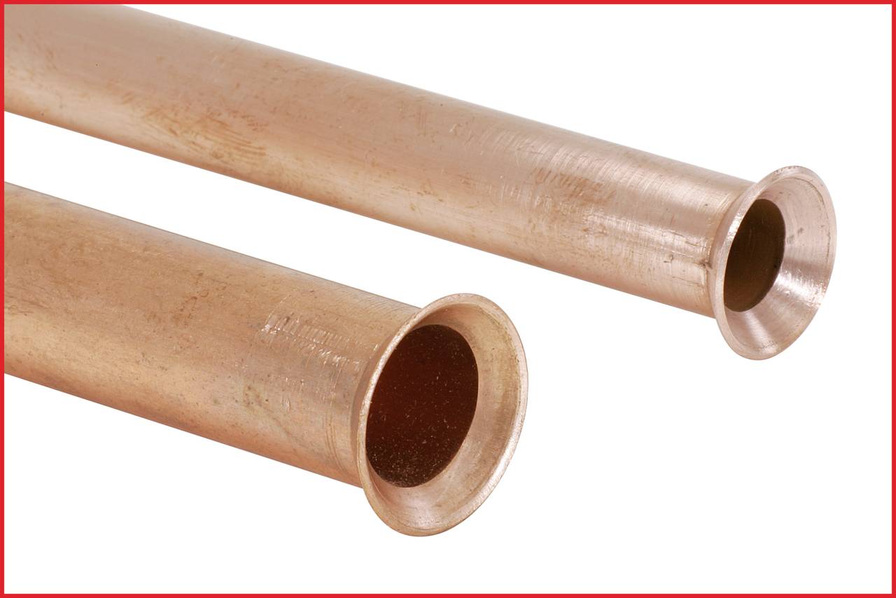 Two copper pipes with wider ends, on a white background.