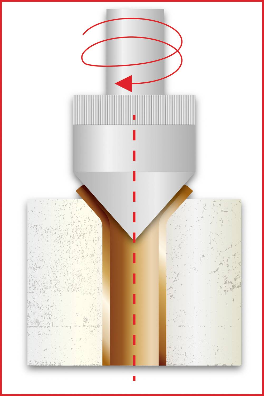 Drill in action, drilling a hole into a metallic material. Red line indicates the rotational movement of the drill.