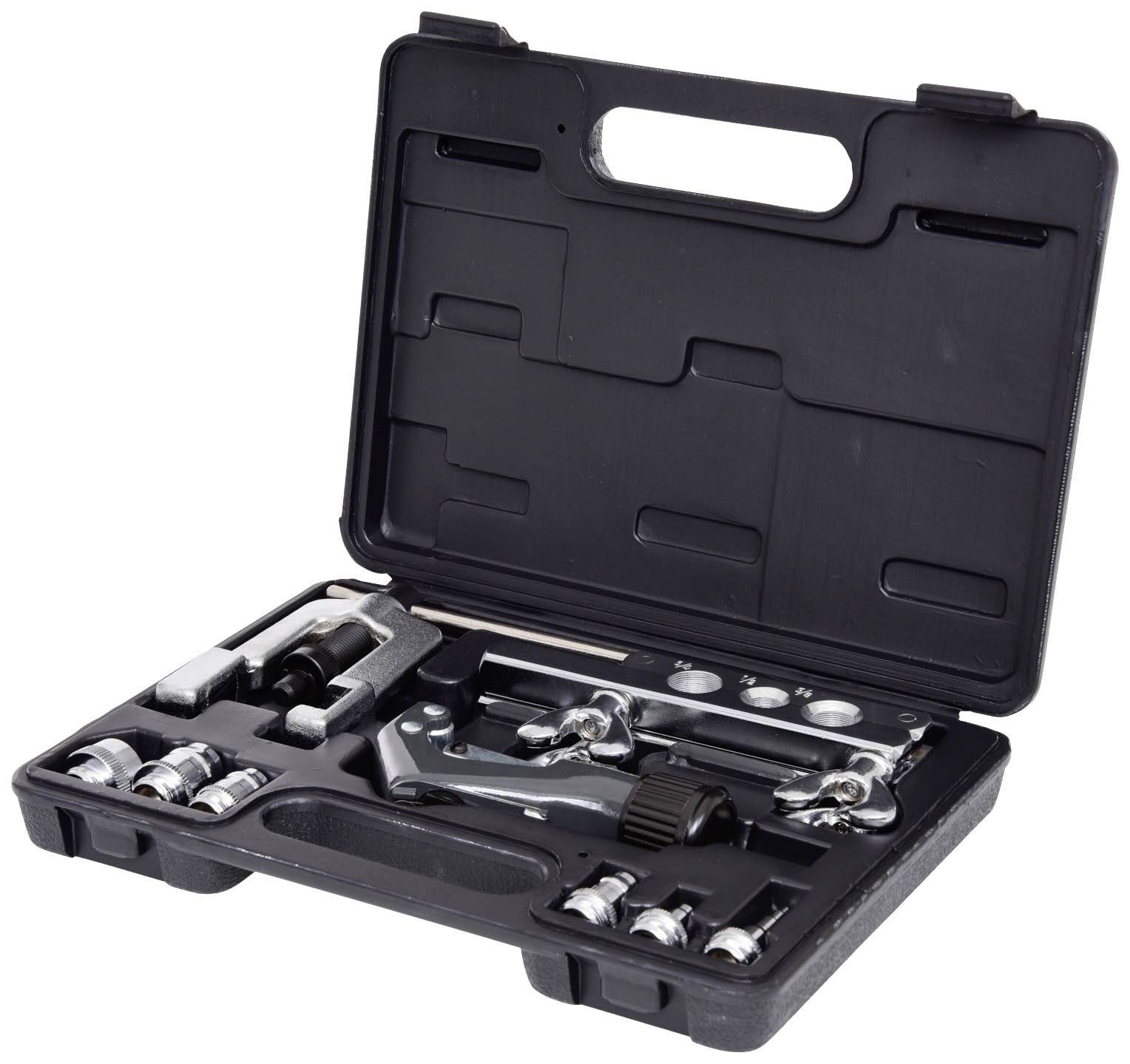 Black tool case with various tools such as spanners and sockets.