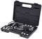 Black tool case with various tools such as spanners and sockets.