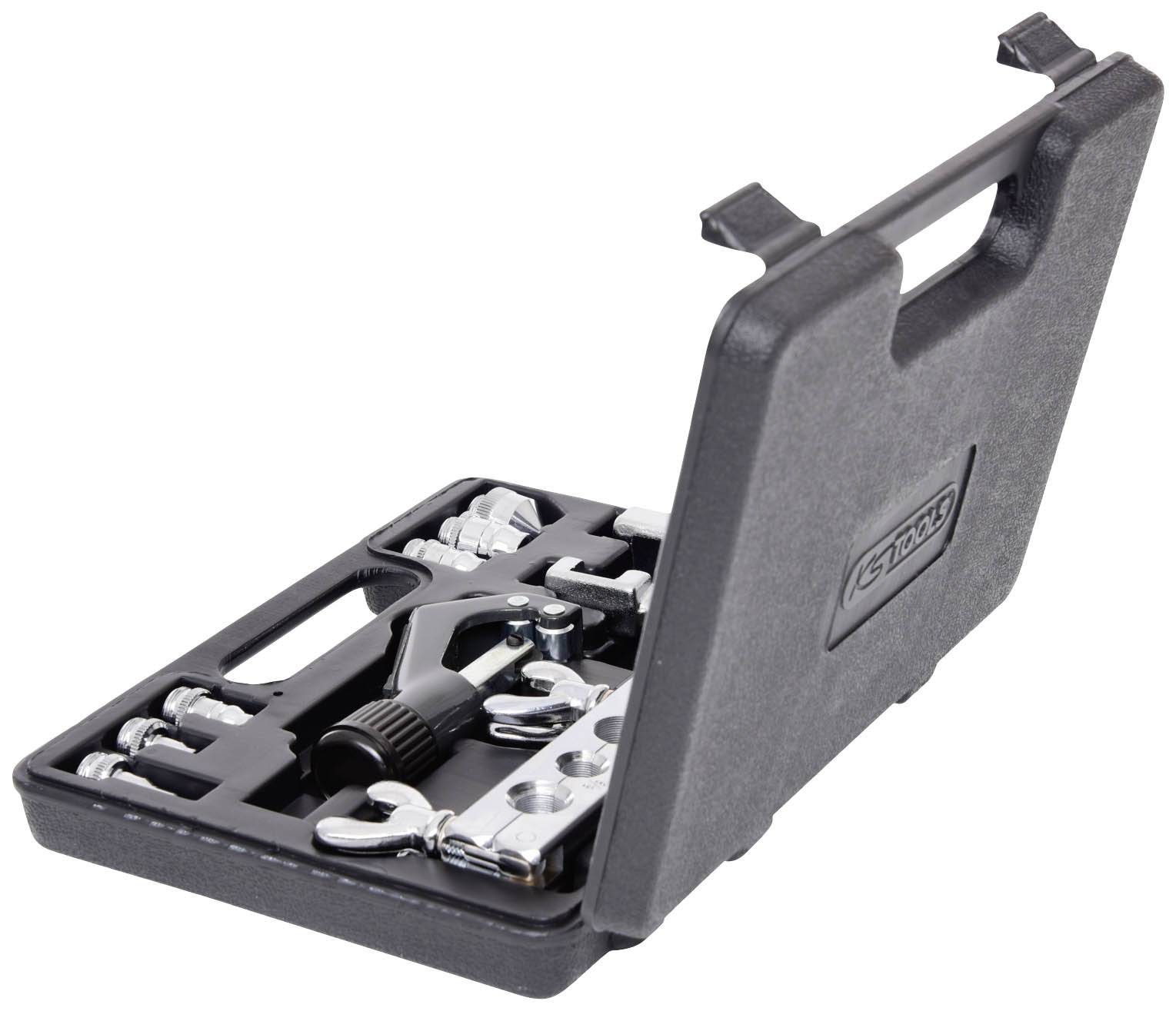 An open toolbox with various metal tools, including a flaring tool, organised in compartments.