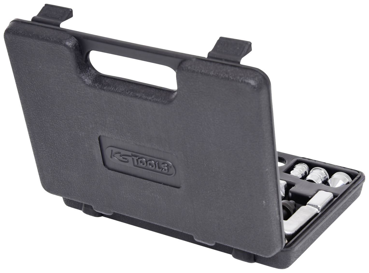 Black tool case with carry handle, partially open. Contains various metallic tools.