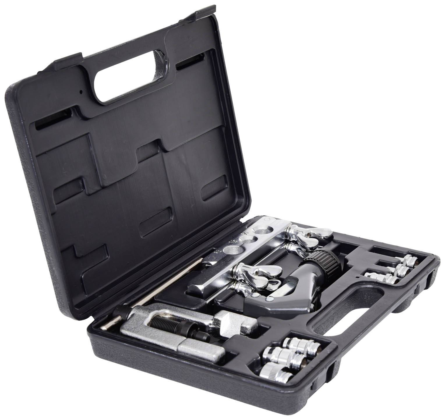 Black tool case opened, showing various metal tools and adapters in precision-fitted compartments.
