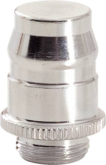 Metallic connection adapter, cylindrical in shape with a grooved rim at the bottom; used to connect two components or devices.