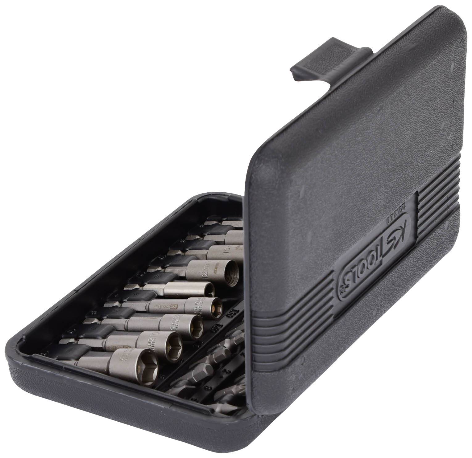 A black case with various socket key inserts in different sizes, organised in two rows.