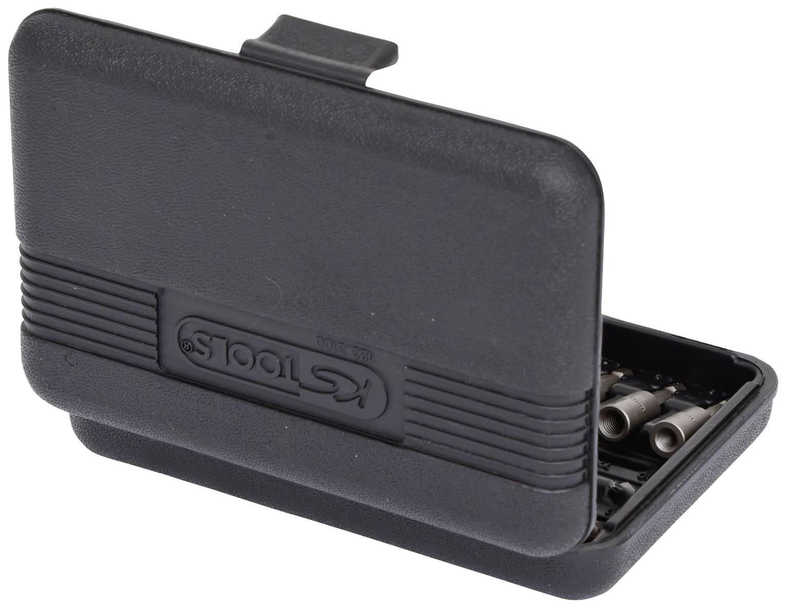 Black and grey plastic tool box with 'Tools' printed on the side. Box slightly open, revealing screwdriver bits.