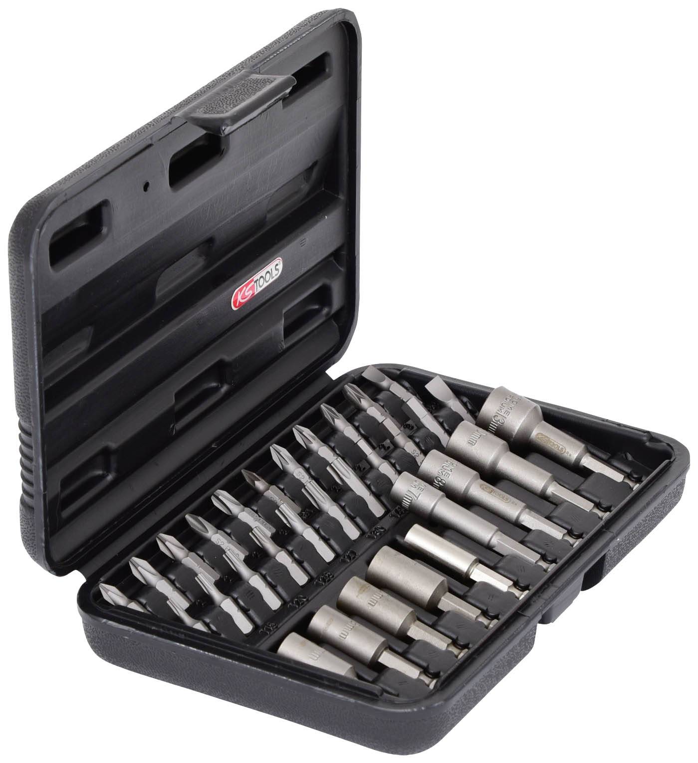 An open case with various screwdriver bits in different sizes, neatly arranged in compartments.