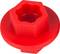 Red plastic component with a hexagonal opening and circular rim. Part of a tool or machine.