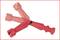 A red plastic key with three arms positioned at 90-degree angles to each other, set against a white background.