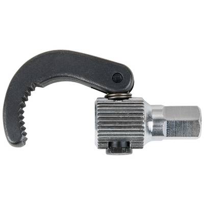 A black quick-release clip with a ridged silver screw thread and hook, used for fastening or anchoring.