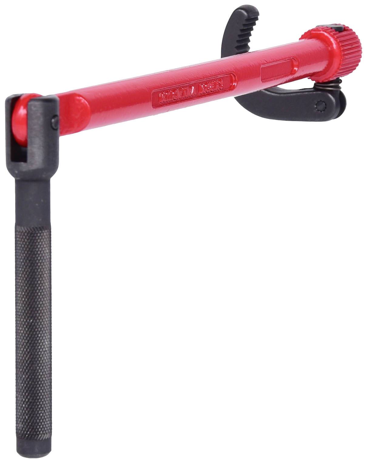 Red steering wheel lock with black handle and locking mechanism, designed to secure vehicle steering wheels against theft.