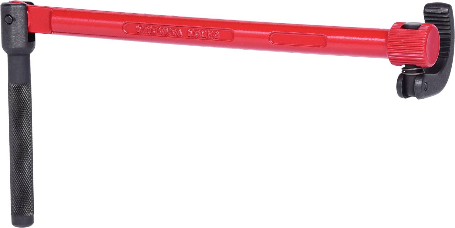 A red pipe wrench with a black handle and adjustable head, primarily used for tightening pipes.