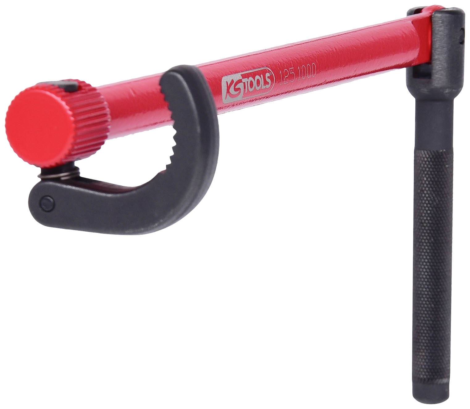 Pipe cutter in red with a black handle, suitable for cutting metal pipes. Brand logo visible on the red shaft.