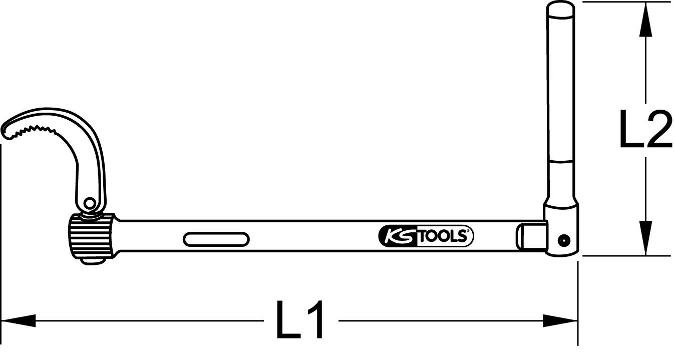 An adjustable hook spanner with a lever arm, marked for L3 with KS Tools. Dimensions are L1 and L2. Long handle with adjustable hook.