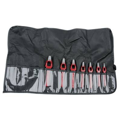 A set of punch tools in a black bag. The tools are red and arranged in various sizes.