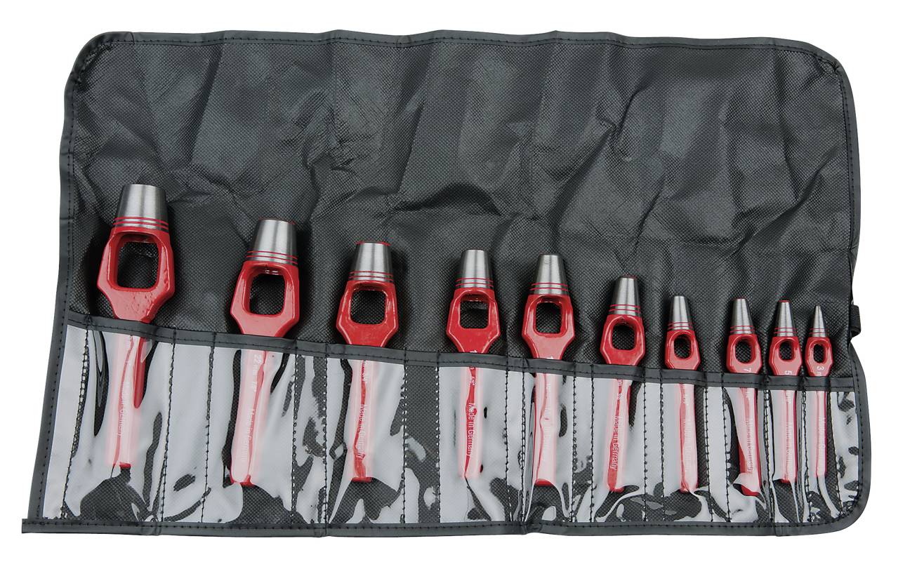 A set of ten red perforated pipes in various sizes, arranged in a rolled-up black tool pouch.