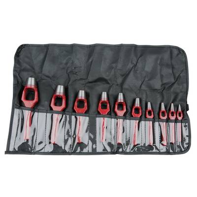A set of ten red perforated pipes in various sizes, arranged in a rolled-up black tool pouch.