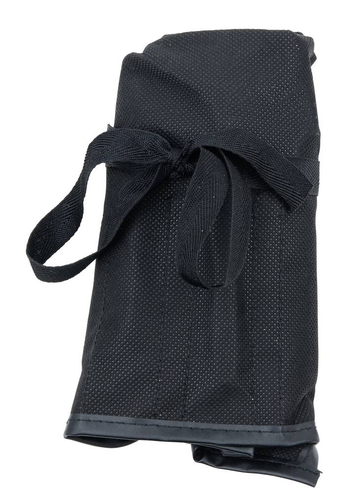A folded black umbrella with a bow made of black fabric ribbon.