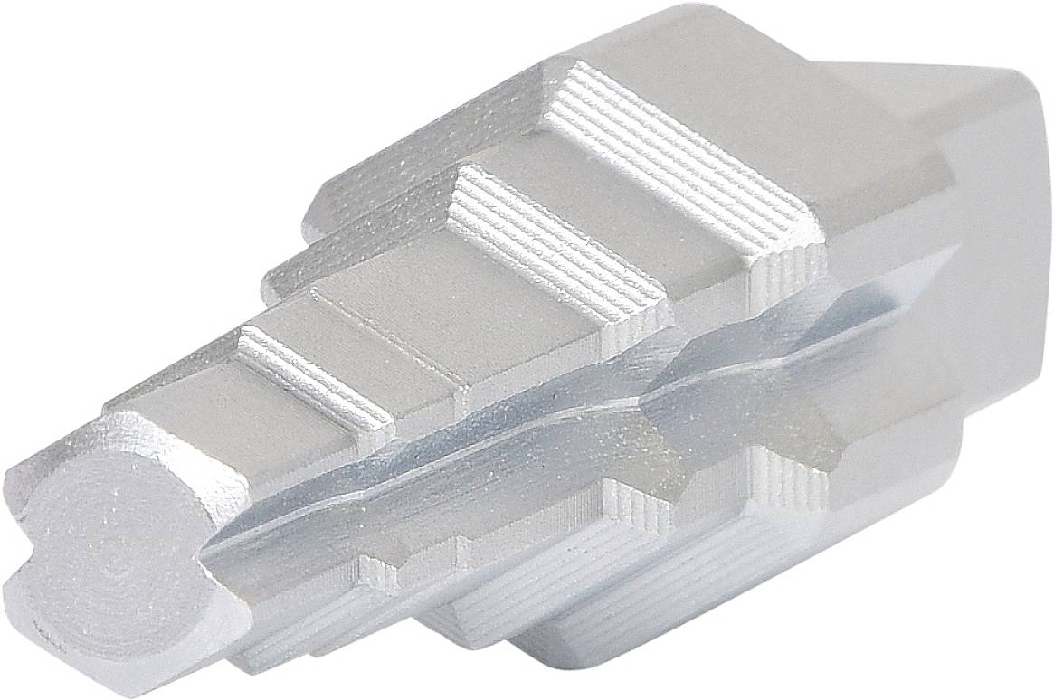 Silver, cone-shaped drill tip with multiple sharp edges and flat landings.