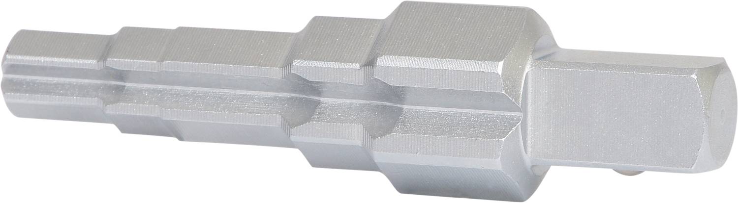 A silver, hexagonal metal piece with a stepped, cylindrical end. Frequently used as a mechanical component.