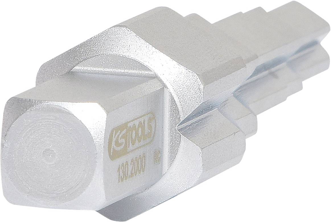 Silver specialist tool with a hexagonal shape and engraved logo 'KS TOOLS 151.2001', likely a spanner or socket attachment.