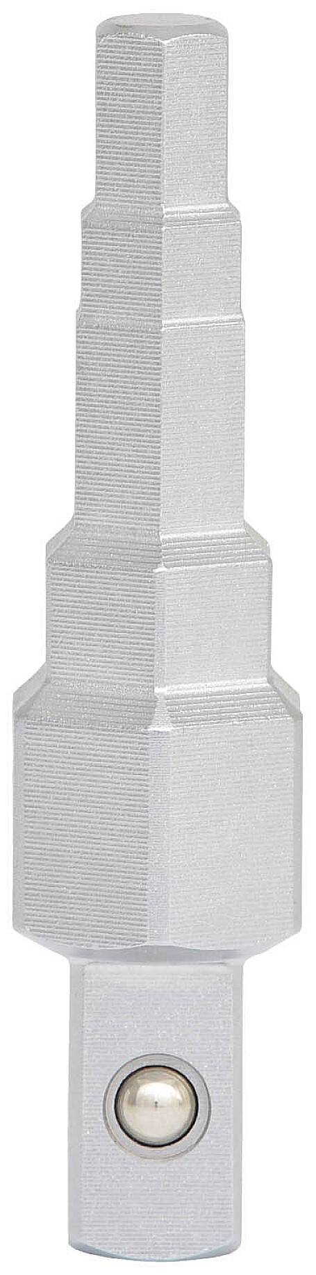 Silver stepped drill bit with multiple diameters, suitable for drilling holes in various sizes.