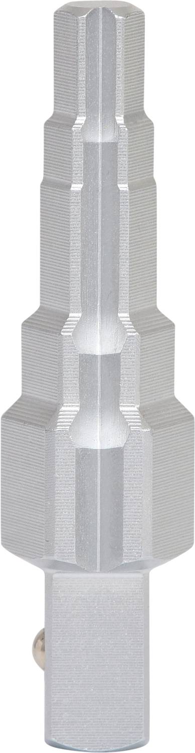 Metal adapter with a stepped design and hexagonal sections. Used in technical applications or as a connecting piece.