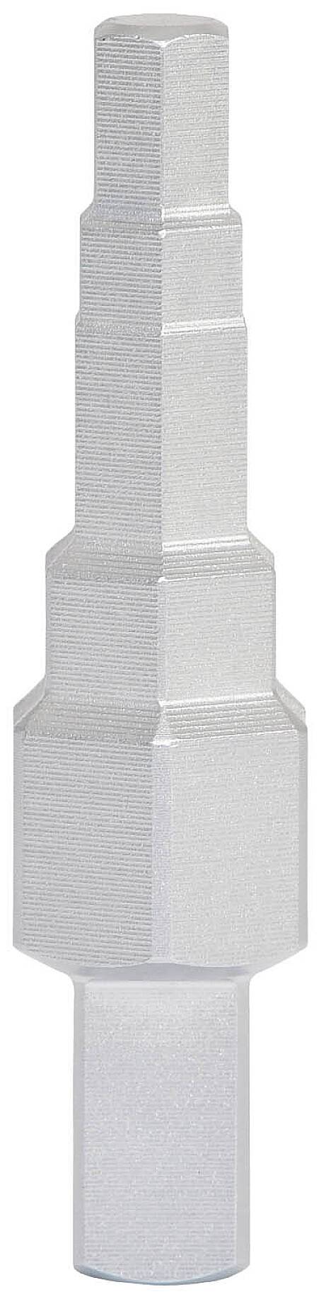 A metal key with a hexagonal profile and multiple stages, used for turning and fastening nuts or bolts.