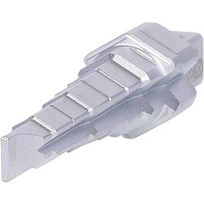 A silver, metallic component with a stepped structure and angled edges, potentially a mechanical or technical part.