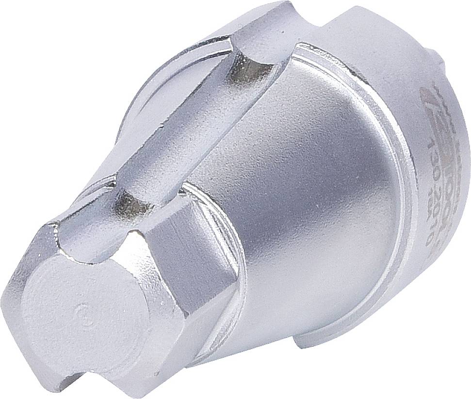 Silver metal component with a hexagonal shape and circular casing. Likely used in technical applications.