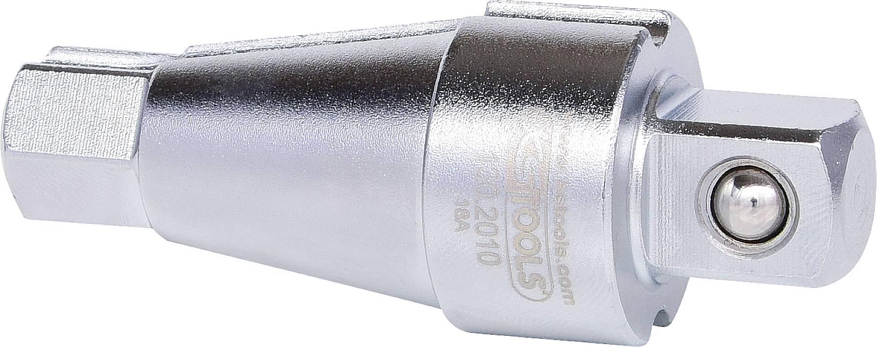 A chrome-plated adapter with a hexagonal socket and round mounting, presumably for tools or machine accessories.