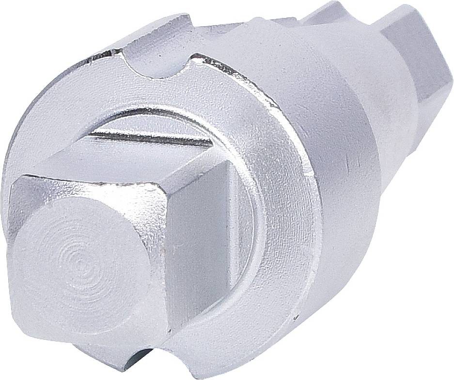 Silver automotive specialist tool with a hexagonal end and round base for repairing vehicle components.