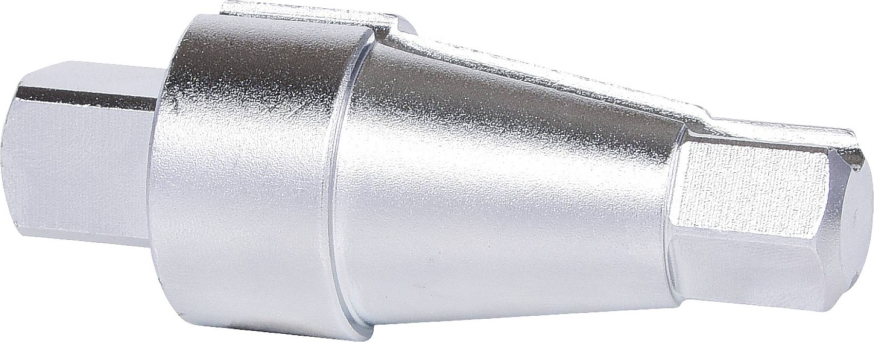 A silver metal adapter with hexagonal ends and a tapering central section, commonly used for technical applications.